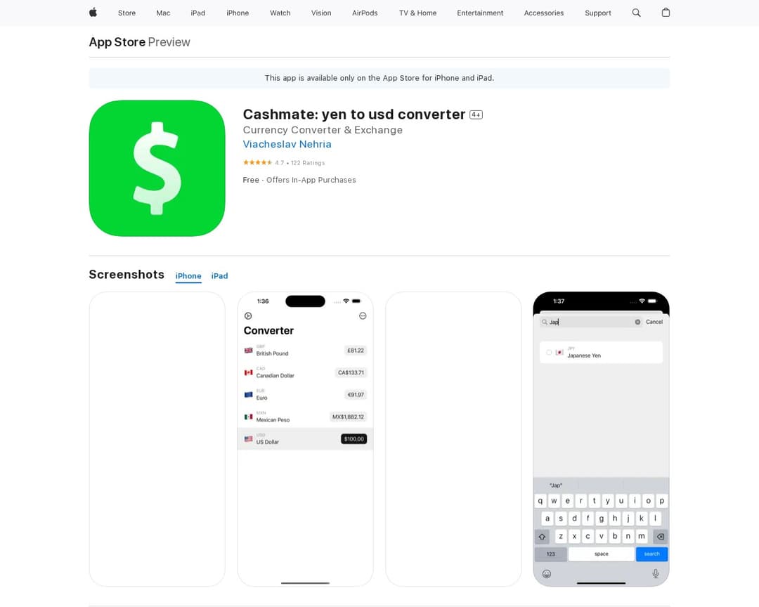 Cashmate: yen to usd converter