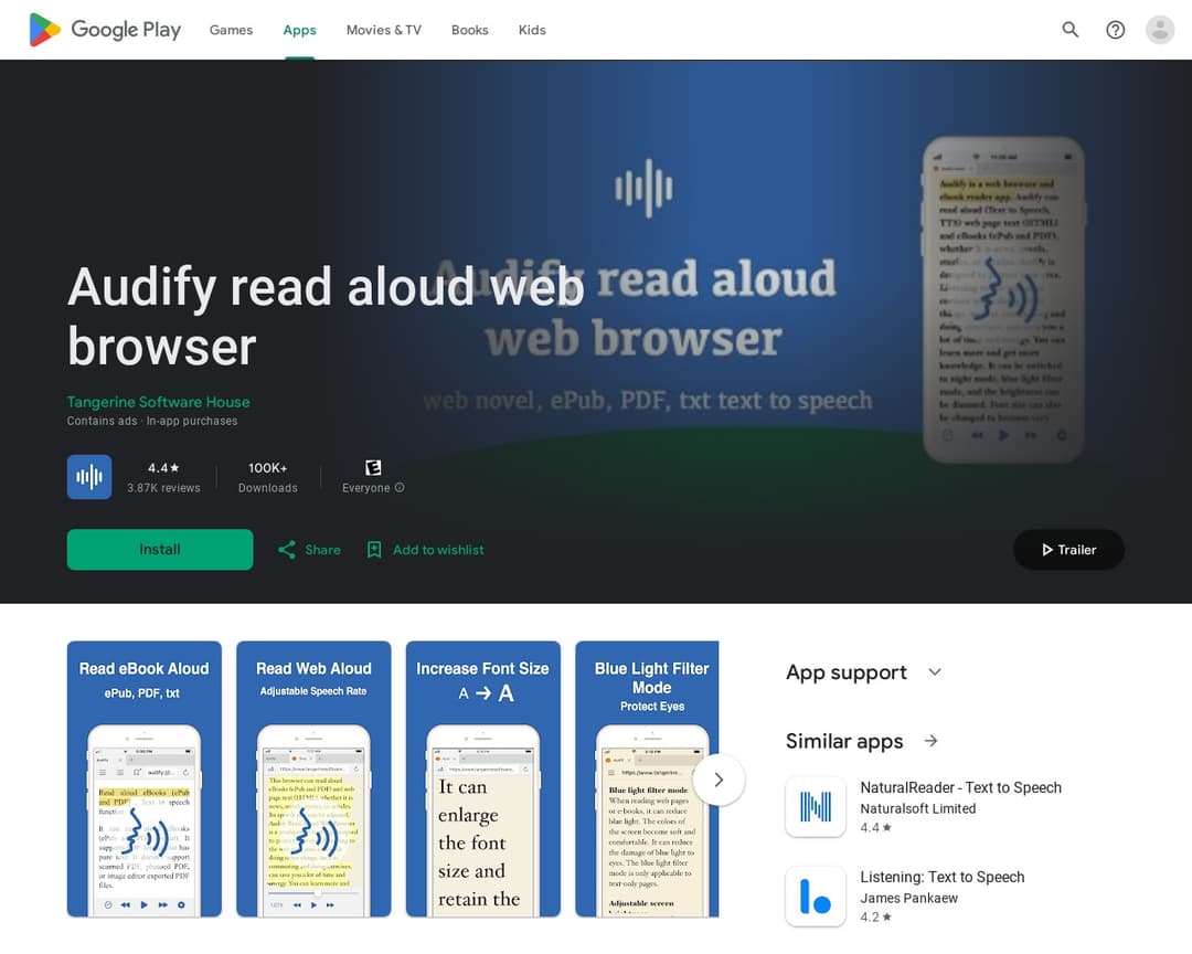 Audify read aloud web browser